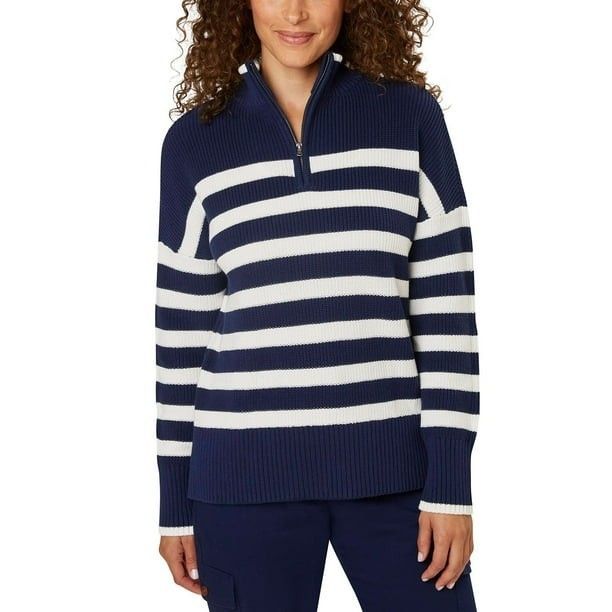 Nwt Lands End Womens Coastal Sweater Sz L Quarter Zip Cotton Navy Ivory Stripes